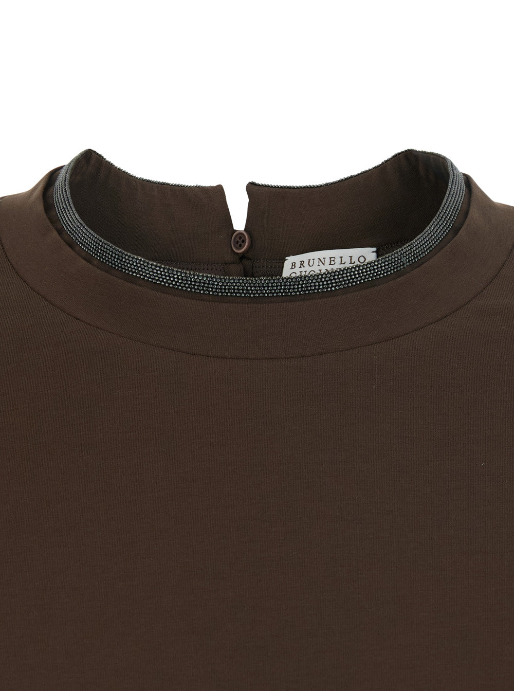 Brunello Cucinelli Women Brown Crew Neck T-Shirt With Monil Detail On The Collar In Cotton For Men