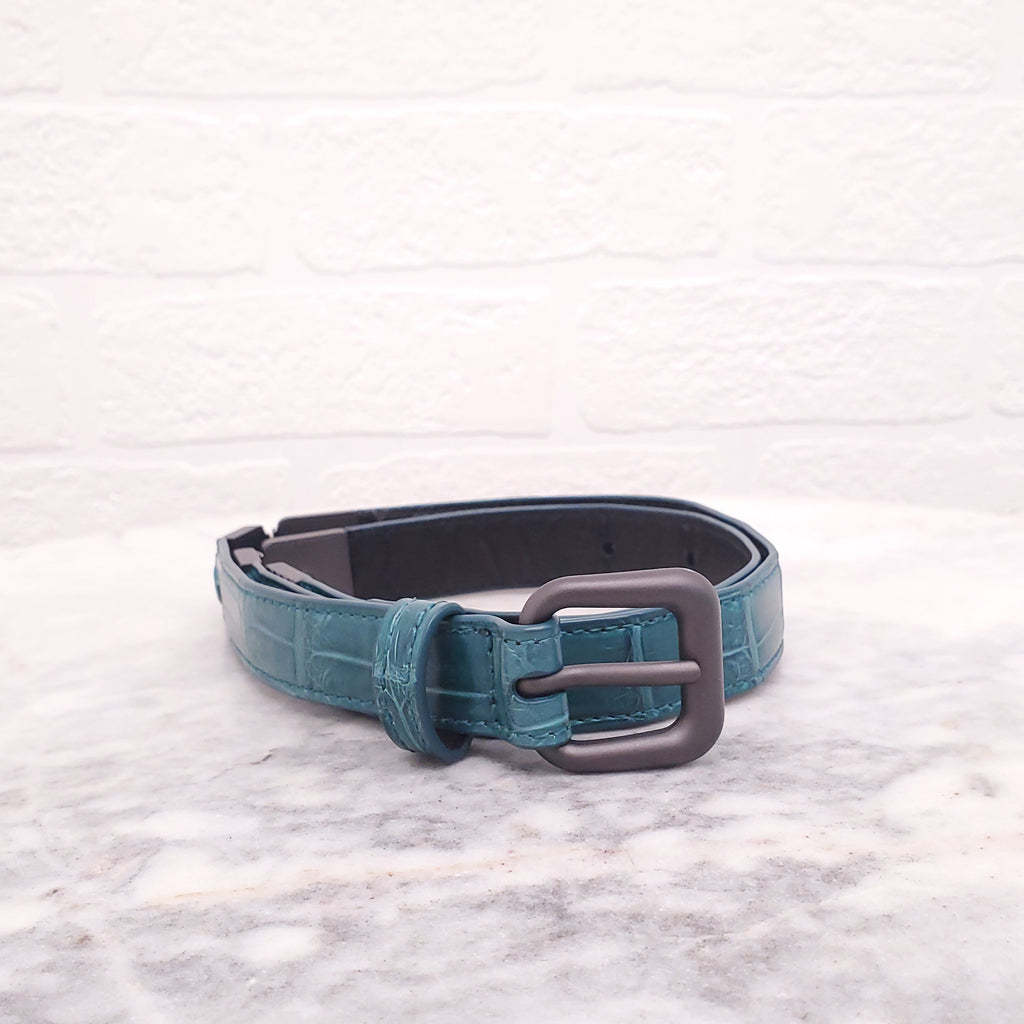 BOTTEGA VENETA GREEN SNAKESKIN BELT WITH SILVER DETAIL - SIZE 65