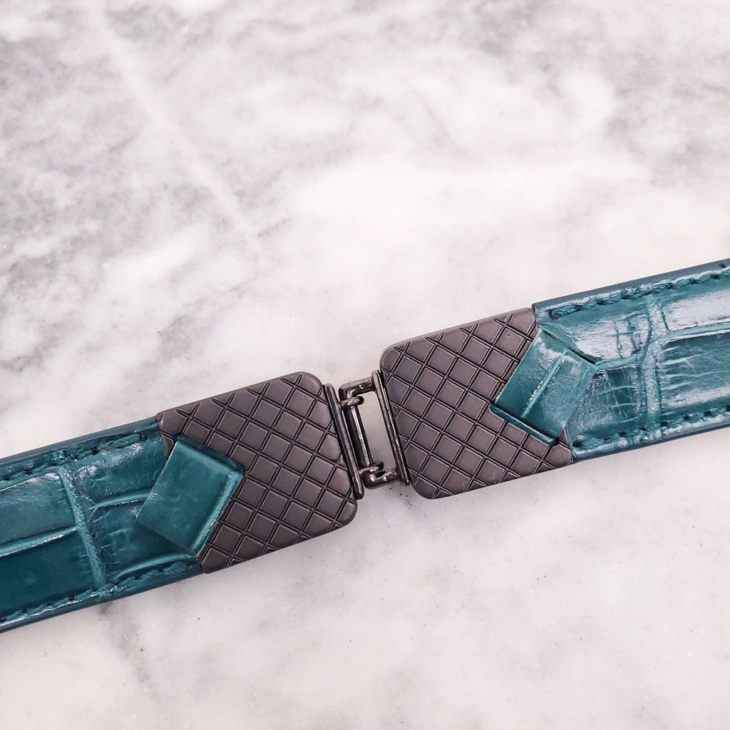 BOTTEGA VENETA GREEN SNAKESKIN BELT WITH SILVER DETAIL - SIZE 65
