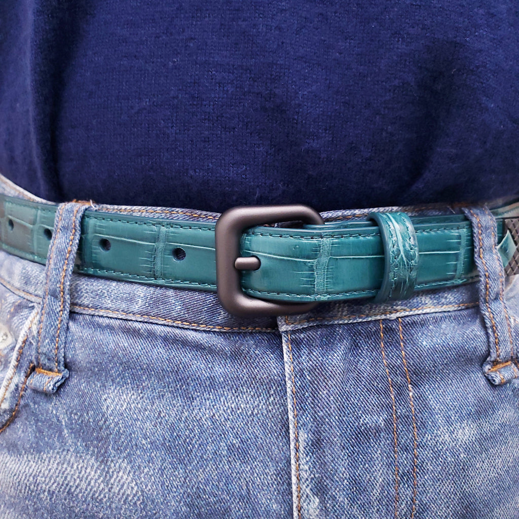 BOTTEGA VENETA GREEN SNAKESKIN BELT WITH SILVER DETAIL - SIZE 65