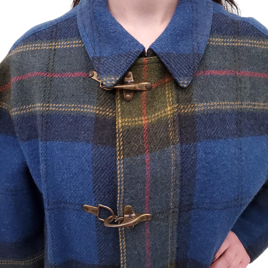 HERMÈS UNISEX VINTAGE PLAID WOOL TOGGLE COAT - SIZE 48
