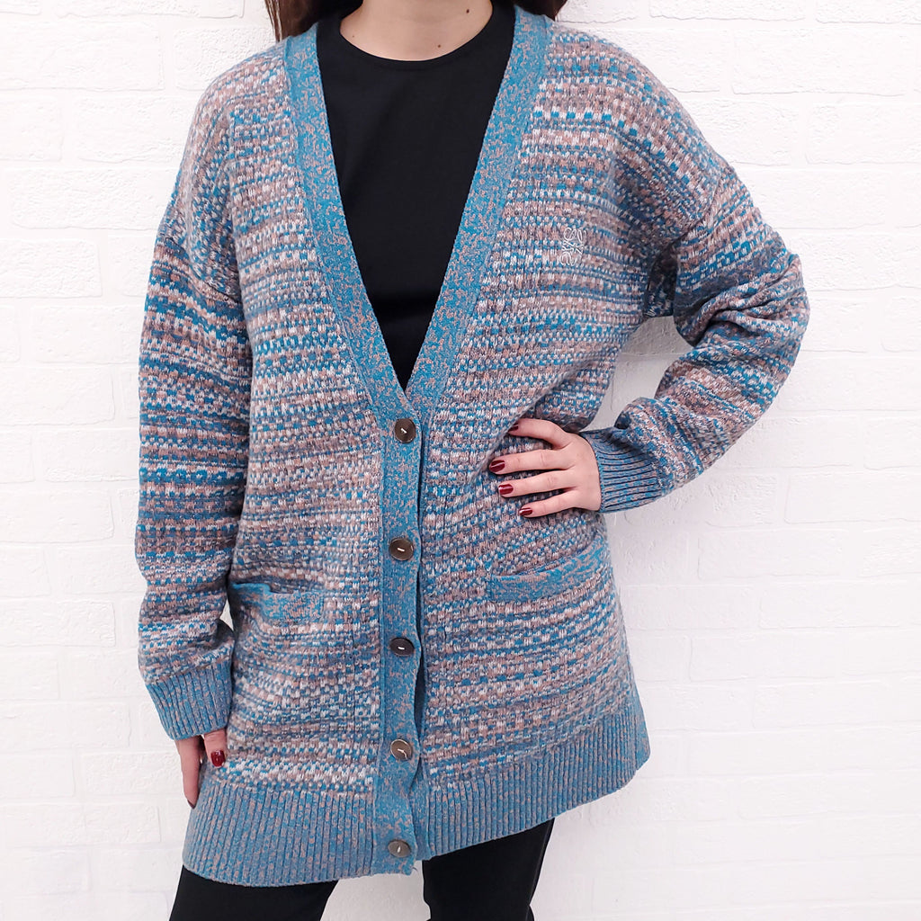 LOEWE BLUE AND PINK JACQUARD OVERSIZED LOGO CARDIGAN - SIZE XS