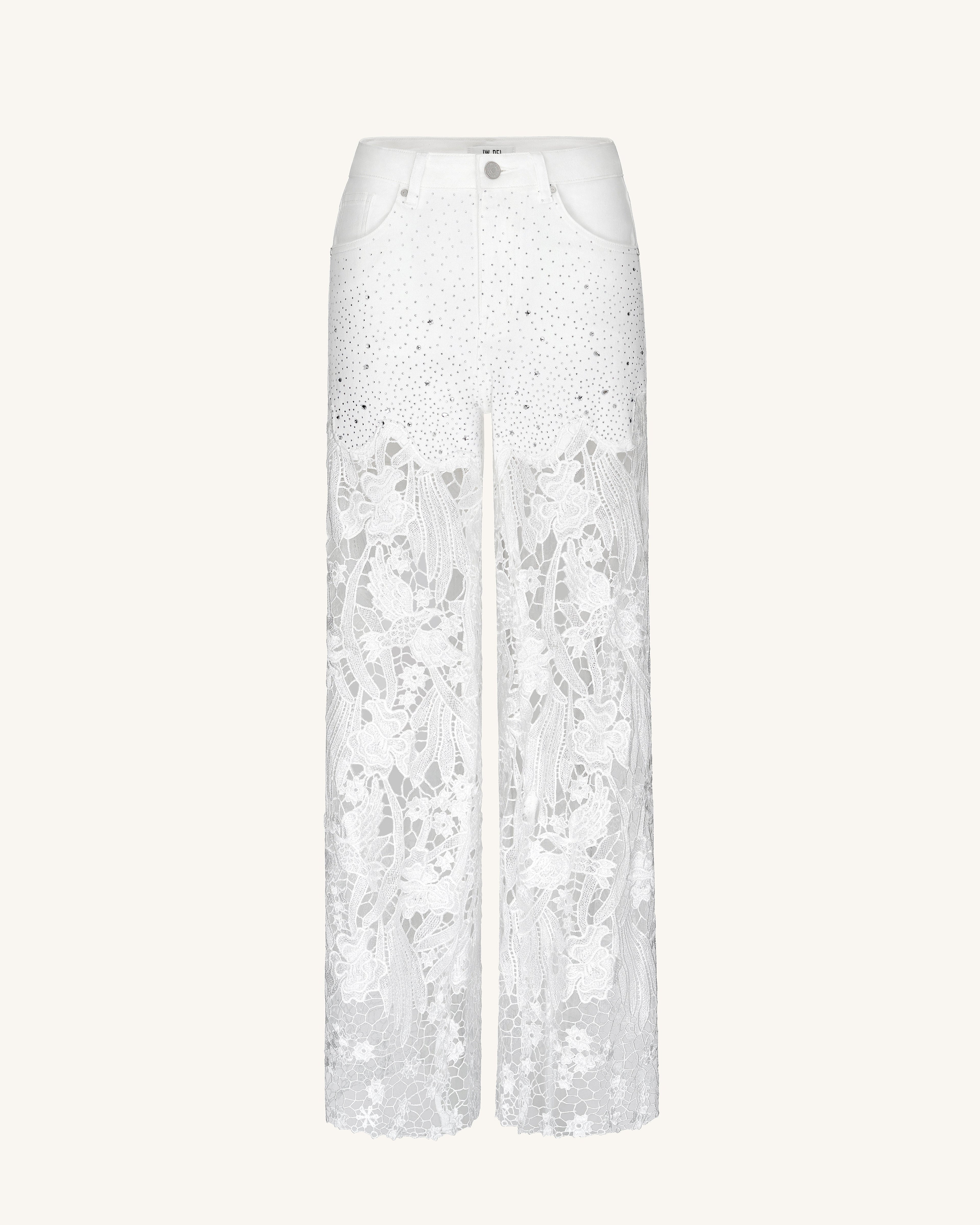 Embroidery High Rise Wide Leg Lace Denim Jeans With Rhinestone - White